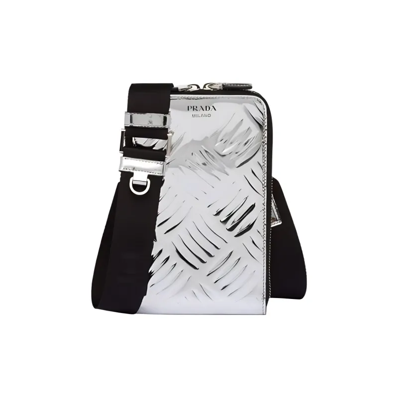 PRADA Leather Cell Phone Pouch Crossbody Bag Shoulder Bag Men's Silver-0