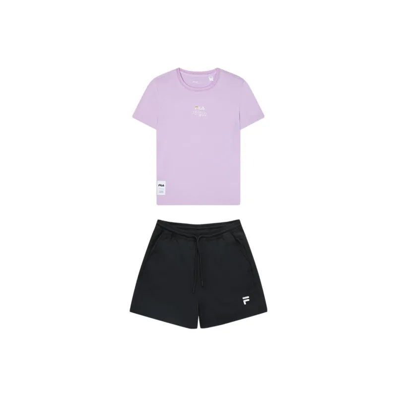 FILA Casual Suits Women's Set Autumn Cherry Purple T Shirt+Black Shorts-0