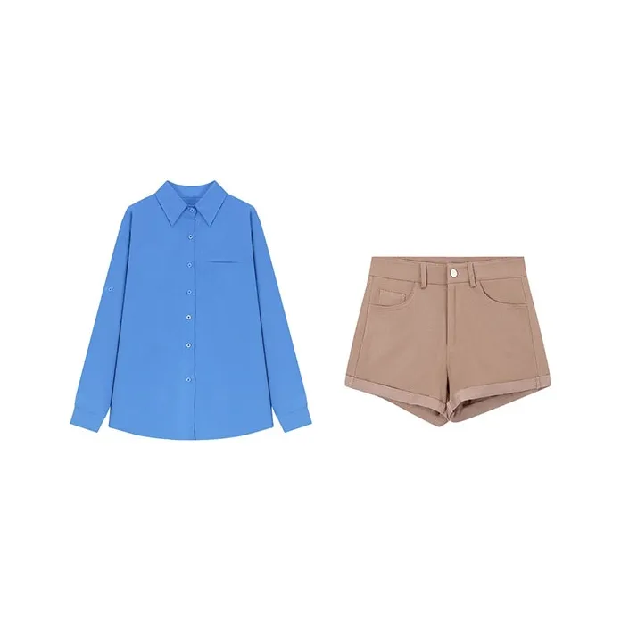 INCO VIBE Casual Suit Women's Blue Shirt/Khaki Shorts-0