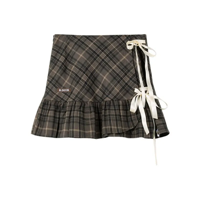 B.Duck Casual Short Skirts Women's Brown Plaid-0