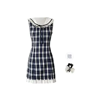 TUSHIFEI Sleeveless Dress Women's Plaid+Hair Tie Included