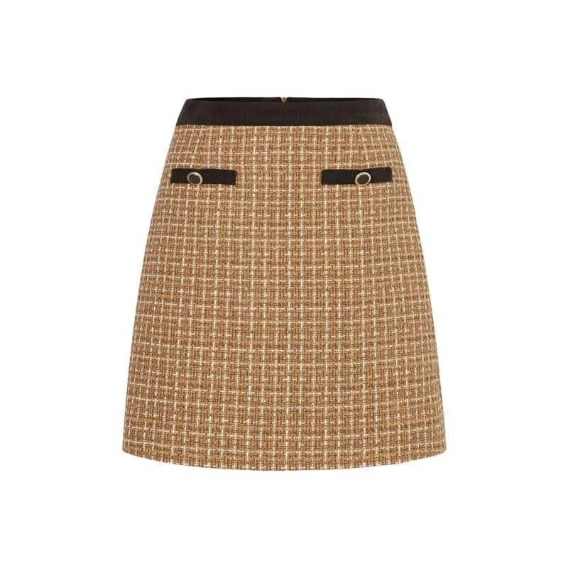 JZ. ANNAKRO Casual Short Skirts Women's Plaid Brown Yellow-0