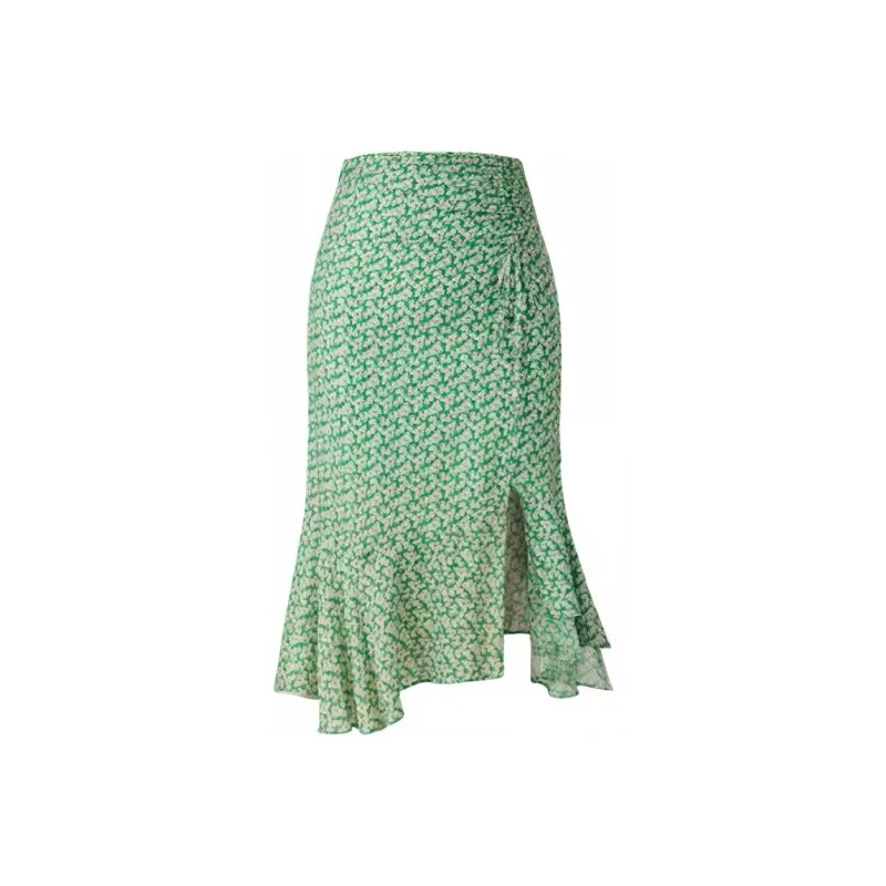 ZRAU Casual Long Skirts Women's Green Floral-0