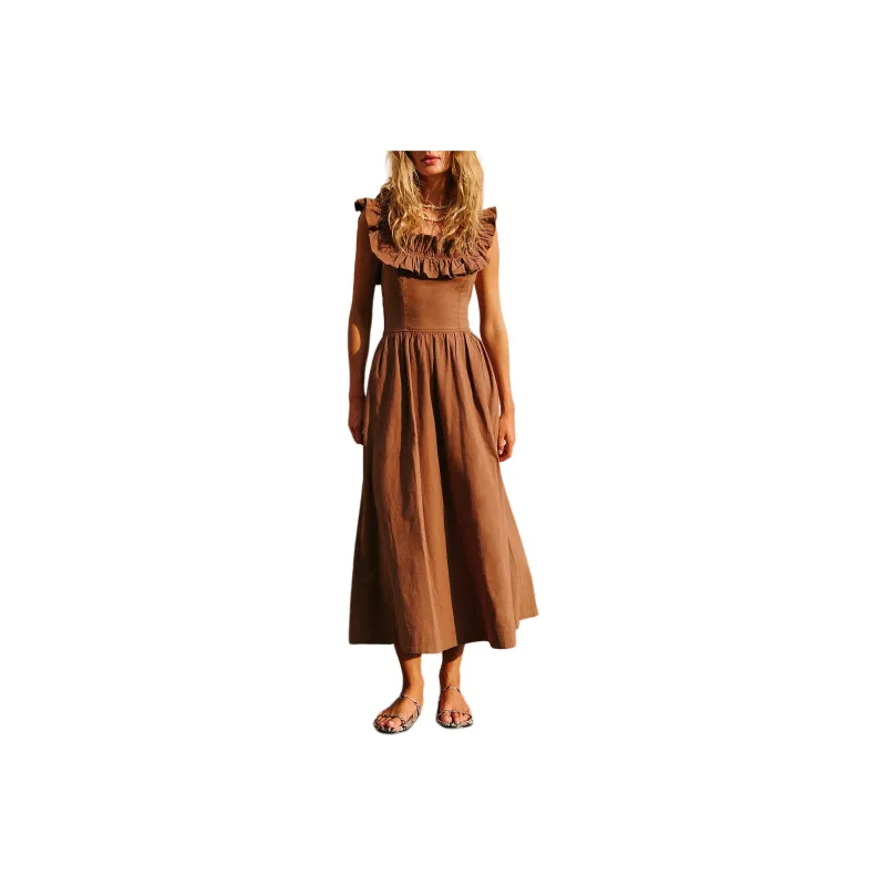 FREE PEOPLE Ruffle It Up Midi Sleeveless Dress Women's Brownie-0