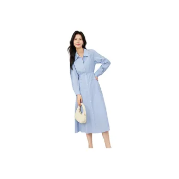 VIMLY Long Sleeved Dresses Women's Light Blue Stripes