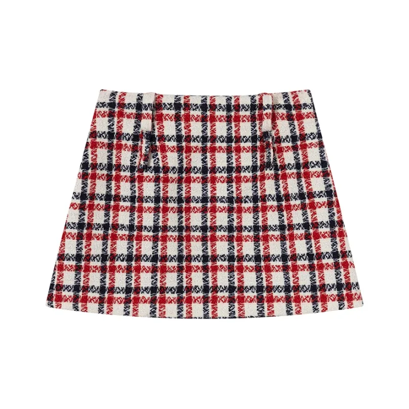 Ouyang Casual Short Skirts Women's Red Blue Plaid-0