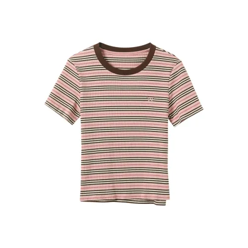 3COLOUR T Shirts Women's Light Pink Stripes