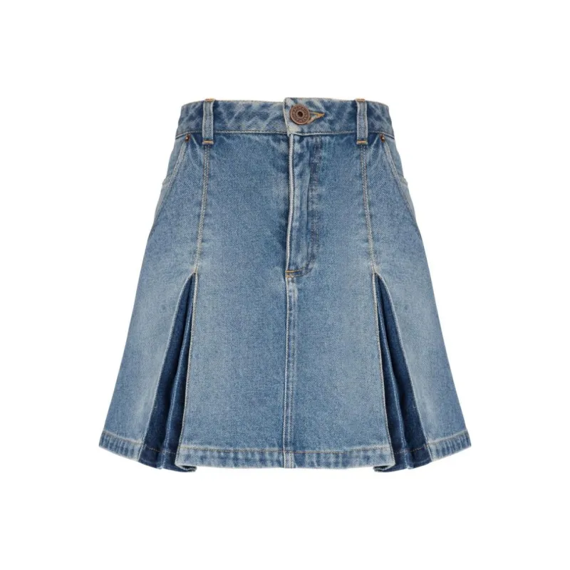 BALMAIN Pleated Denim Skirt 'Blue'-0