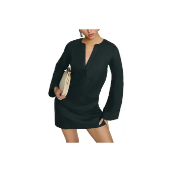 REFORMATION Elmira Linen Dress Long Sleeved Dress Women's Black
