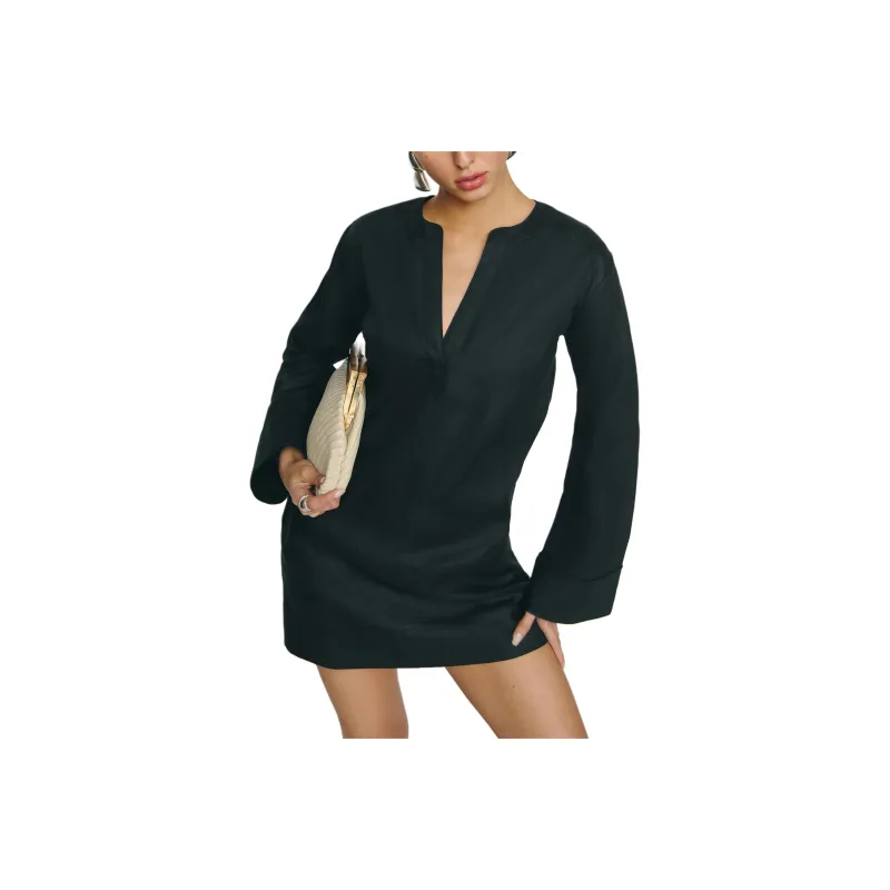 REFORMATION Elmira Linen Dress Long Sleeved Dress Women's Black-0