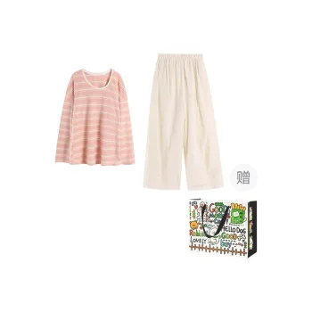 Dippanis Casual Suit Women's Pink Stripes Top+Apricot Wide Leg Pants