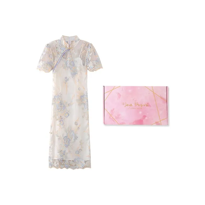 JINYE ORIENTAL Low Slit Short Sleeved Cheongsam Women's Moon White-3