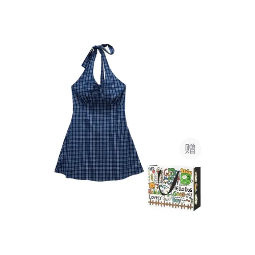 ZVJH Sleeveless Dresses Women's Blue Plaid Shopping Bag