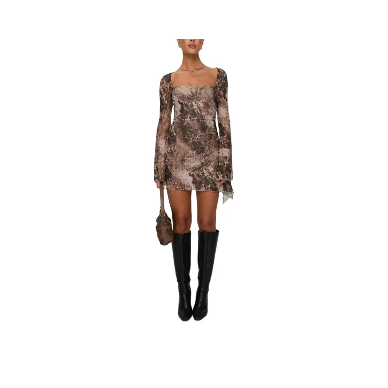 PRINCESS POLLY SUAREZA LONG SLEEVE MINI DRESS Long Sleeved Dresses Women's LEOPARD/Leopard Print-0