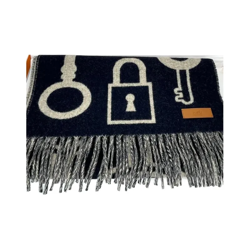 HERMES Cashmere Knit Scarves Unisex Dark Blue-1
