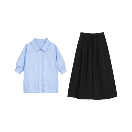 ETSE Two Piece Skirt Sets Women's Clothing Sets Blue Top+Black Bottom