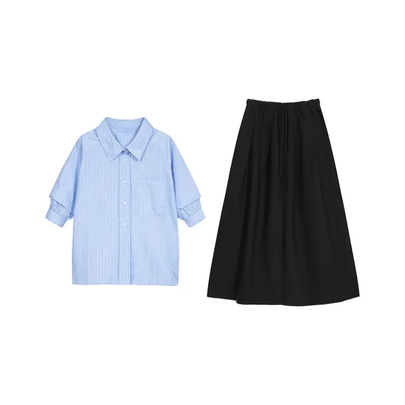 ETSE Two Piece Skirt Sets Women's Clothing Sets Blue Top+Black Bottom-0