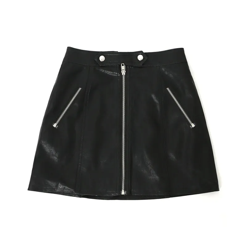 SOON FLOWER Spring Leather Short Skirts Women's Black-0
