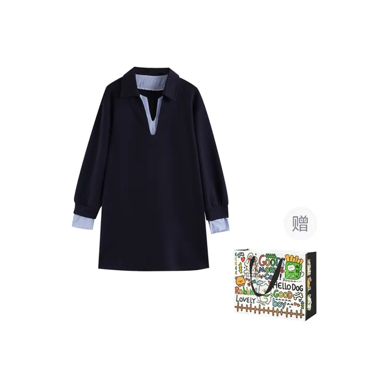 ZVJH Long Sleeved Dress Women's Navy Blue-0