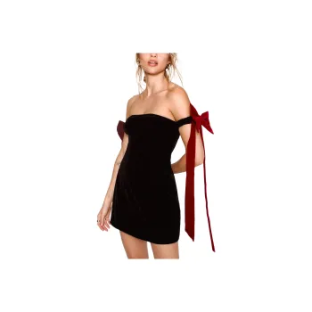 NASTY GAL Velvet Contrast Bow Bardot Structured Mini Dress Sleeveless Dress Women's Black