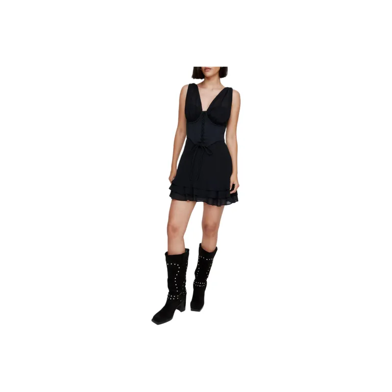 NASTY GAL Corset Overlay Lace Up Ruffle Mini Dress Slip Dresses Women's Black-0