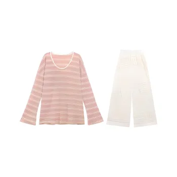 DOSOHEB Casual Suit Women's Pink Top Beige Pants
