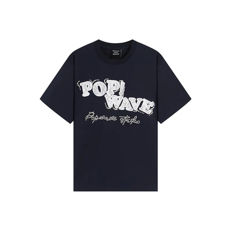 POPWAVE T Shirts Women's Navy Blue Lace Applique Short Sleeved Top-0