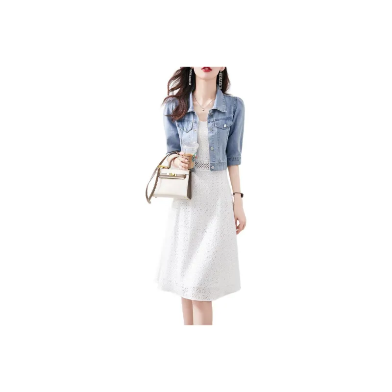 Still quiet Two Piece Skirt Sets Women's Blue+White-0