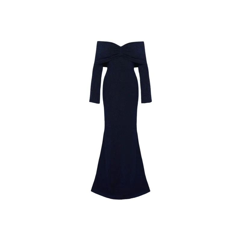 PRINCESS POLLY CECILIA OFF THE SHOULDER MAXI DRESS Long Sleeved Dresses Women's NAVY/Marine Blue-0