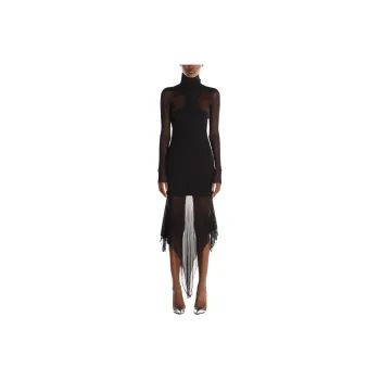 Mugler SS24 Asymmetric Ribbed Knit Dress Long-Sleeved Dresses Women's Black