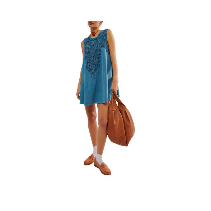 FREE PEOPLE Lavender Fields Mini Dress Sleeveless Dress Women's Denim Blue-0