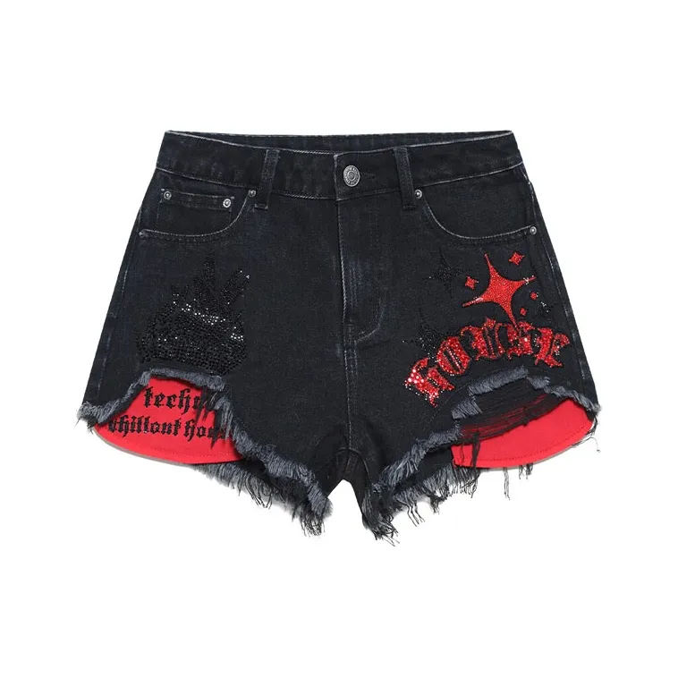 TCH SS23 Denim Shorts Women's Black With Red Logo-0