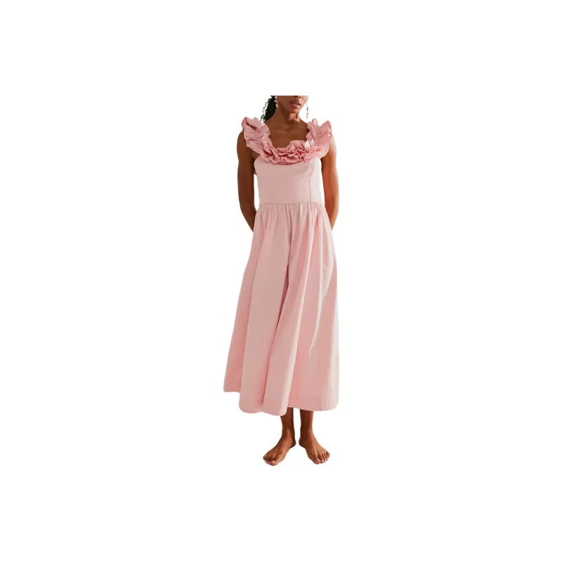 FREE PEOPLE Ruffle It Up Midi Sleeveless Dress Women's Pink Chalk/Pink Red Pen-0