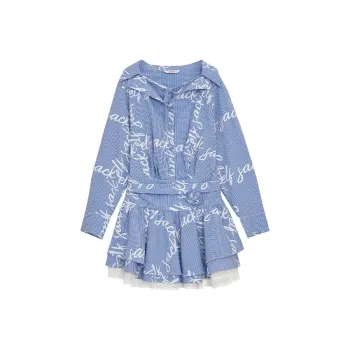 ELF SACK Long Sleeved Dress Women's Letter Blue White