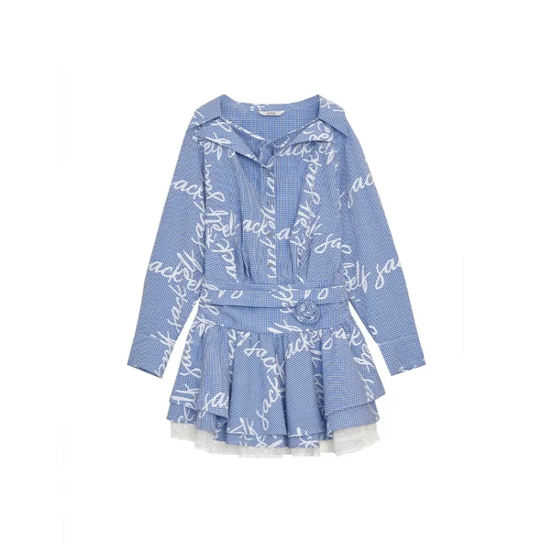 ELF SACK Long Sleeved Dress Women's Letter Blue White-0