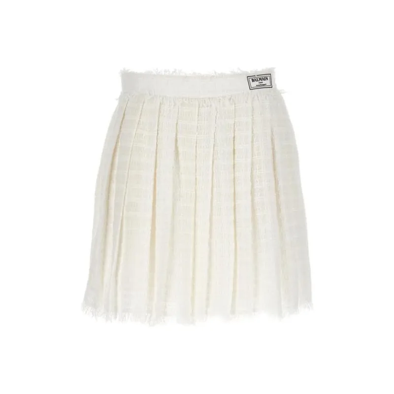 BALMAIN Logo Patch Pleated Tweed Mini Skirt-0
