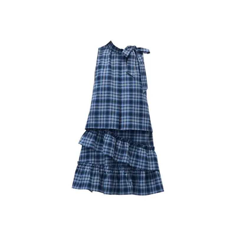 Udon House Sleeveless Dress Women's Blue Plaid-0