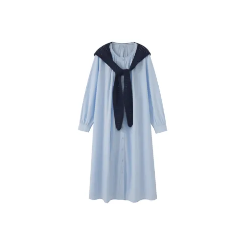 Homemade Willow Silk Long Sleeved Dresses Women's [Shawl+Lace Up]Mist Blue
