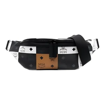 MCM Canvas With Calfskin Shoulder Bag Crossbody Bag Fanny Pack Regular Men's Black & White