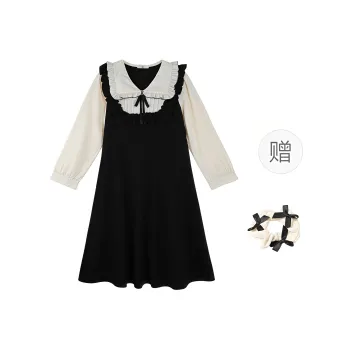XUOIZA Long Sleeved Dress Women's Black White+Bowknot Hair Tie Comes With