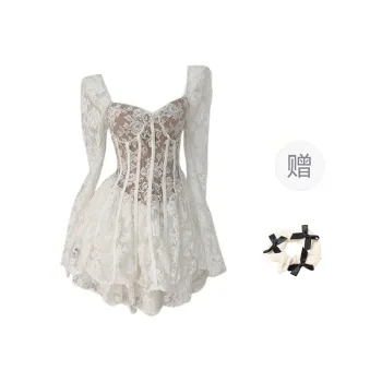 CPAURA Long Sleeved Dress Women's White+Bowknot Hair Tie Bow Tie Comes With