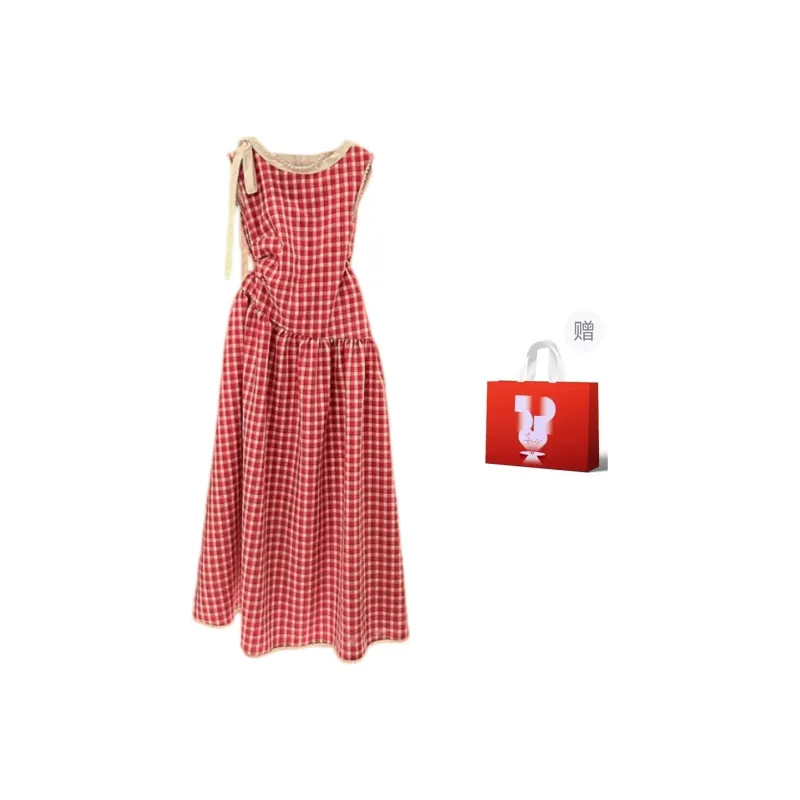 GLEE DIARY Sleeveless Dress Women's Red Plaid-6
