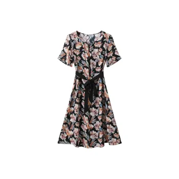 H-YXIANG Short-Sleeved Dresses Women's Black Background Watercolor Floral