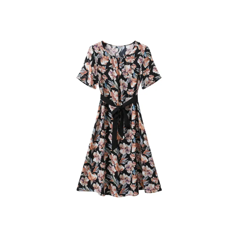 H-YXIANG Short-Sleeved Dresses Women's Black Background Watercolor Floral-0