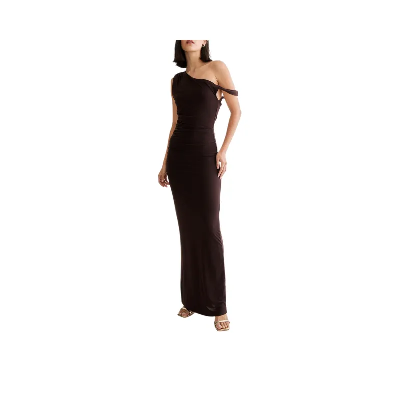 NASTY GAL Slinky Off Shoulder Maxi Dress Sleeveless Dress Women's Chocolate-0