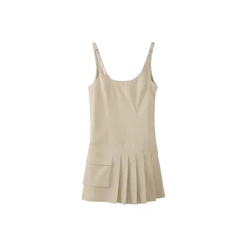 Fstudio Spring Korean Style Slimming Design Pleated Camisole Dress Women's Khaki