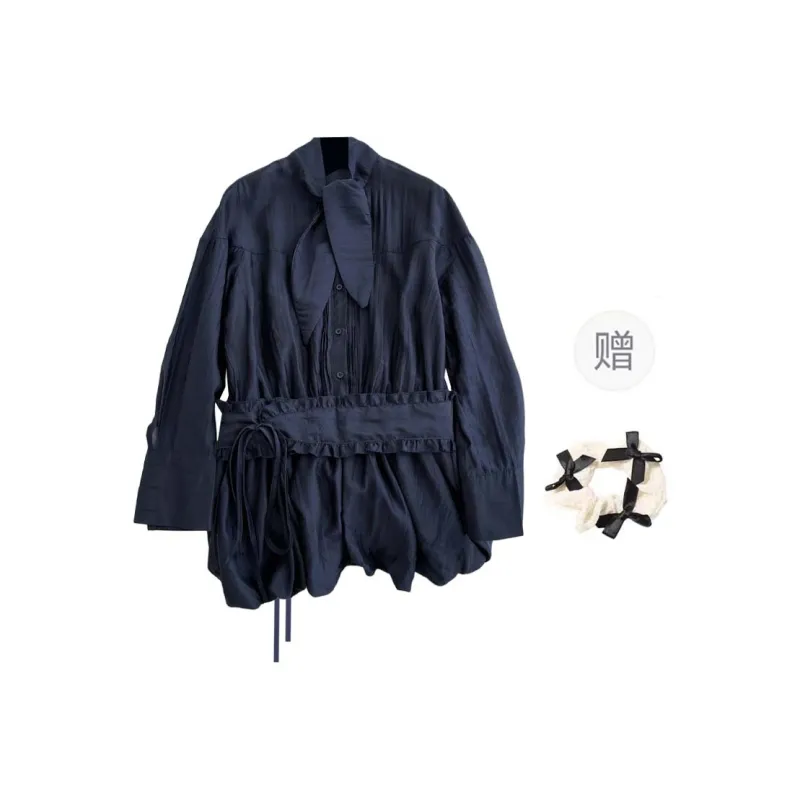 XUOIZA Long Sleeved Dress Women's Dark Blue+Bowknot Hair Tie Comes With-0