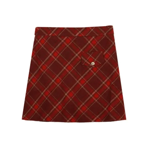 Ice Cream And Whale Casual Short Skirts Women's Red Plaid Pattern