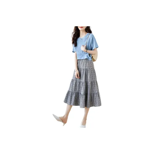 Mo Han Yi Mei Skirt Set Women's Top Blue Bottom Plaid