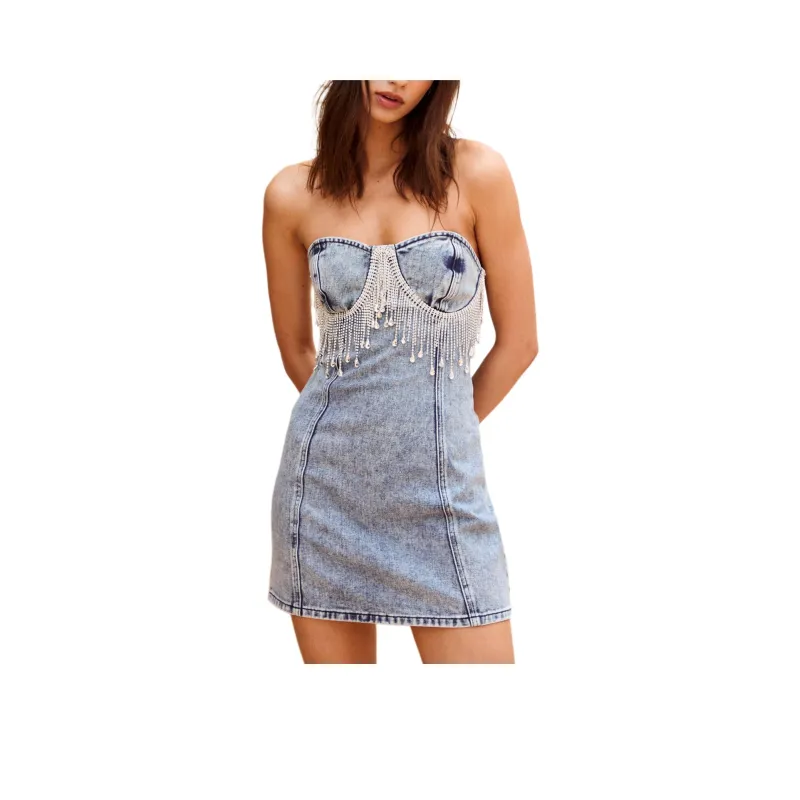 NASTY GAL Denim Diamante Trim Bandeau Mini Dress Sleeveless Dress Women's Medium Washable-0